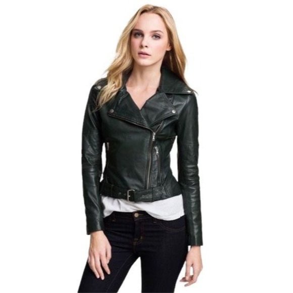 Kenna-T Large Emerald Green Leather Cropped Belted Zip Pocket Biker Moto Jacket